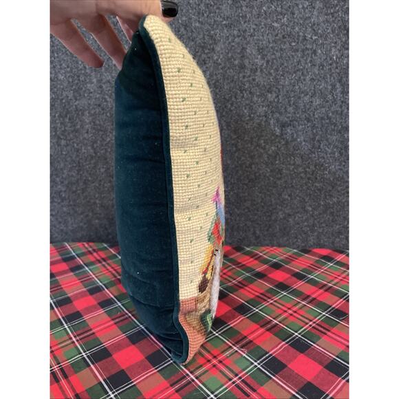 Vintage Christmas Pillow Wool Needlepoint Velvet Backing Santa Tree - Picture 3 of 10